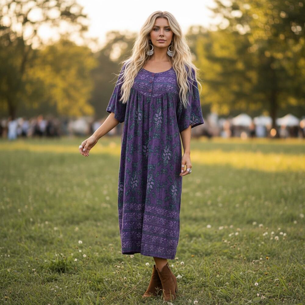 Vintage 1970s Purple Floral Muumuu House Dress — Cotton Feel — M/L/XL Friendly
